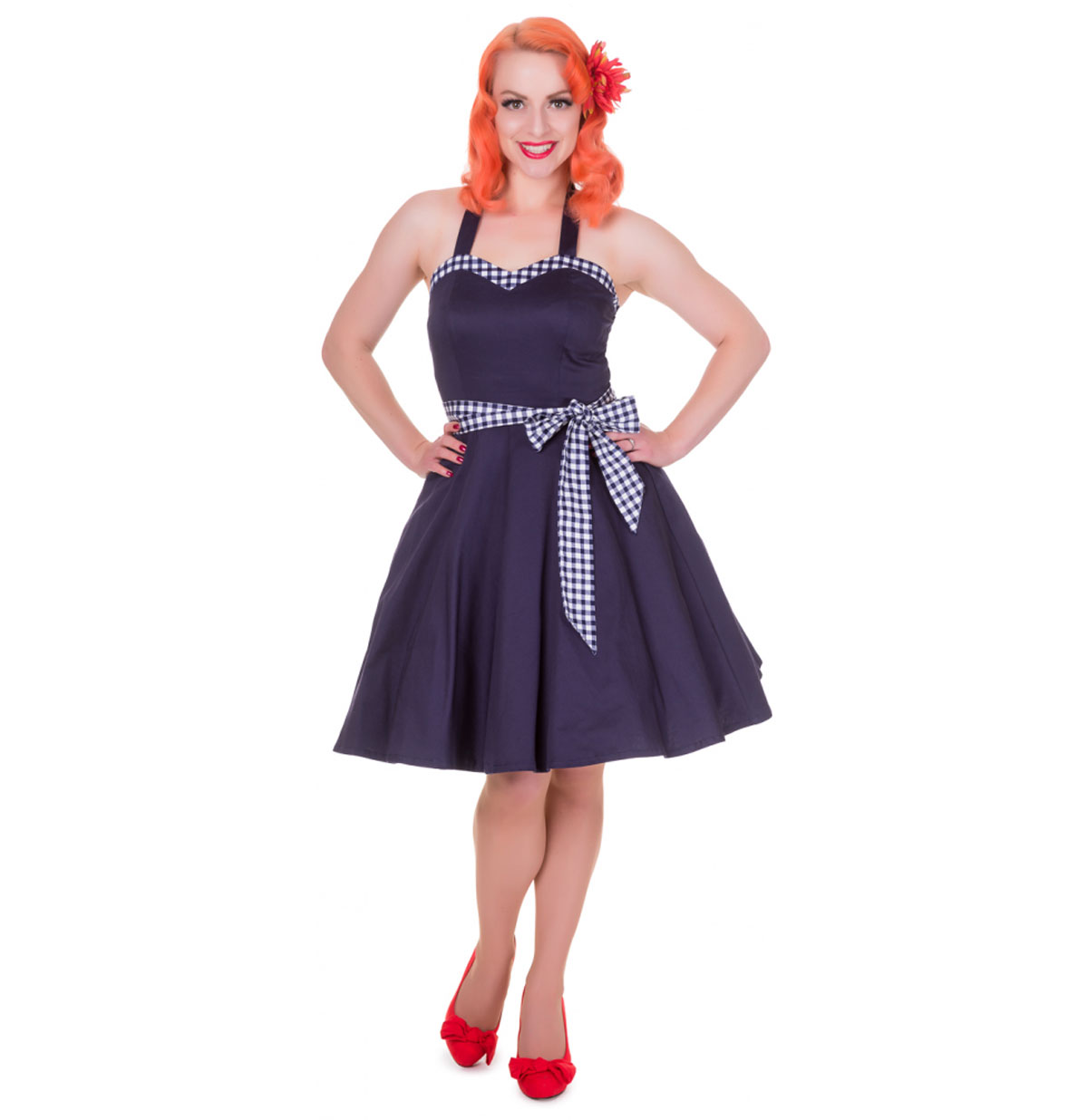 Anita Dress Navy with Gingham Border-32 (NL)/ 6 (UK) | 39% korting | Dolly and Dotty