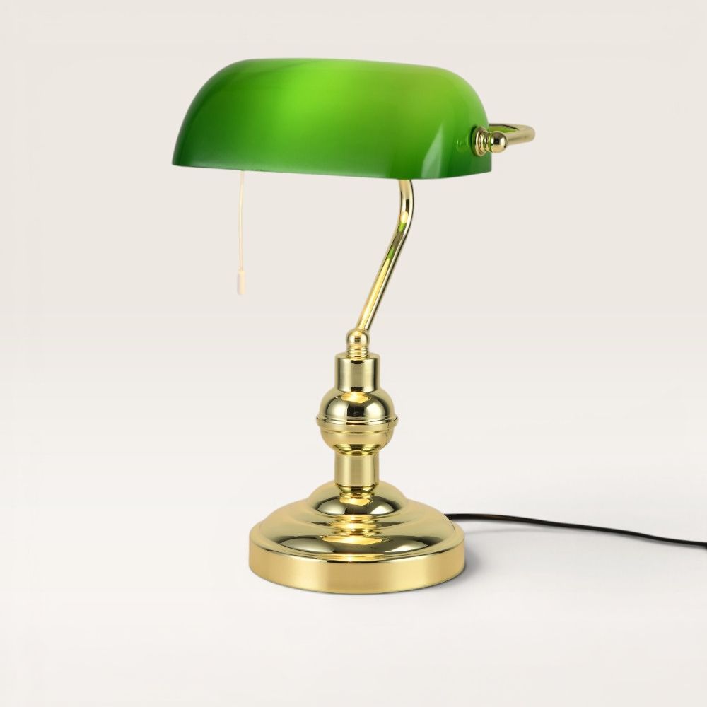 Arvion - Notarislamp 40 cm - Groene Glazen kap & Messing Voet - Klassieke bureaulamp - E27 fitting - Met aan/uit-schakelaar | LUSENZ