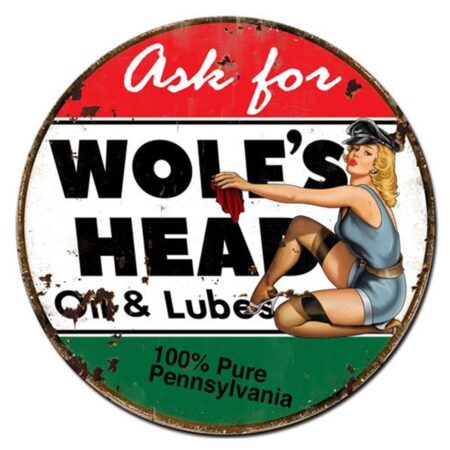 Ask For Wolf's Head Oil And Lubes Pin-Up Metalen Bord 76 cm | Fiftiesstore