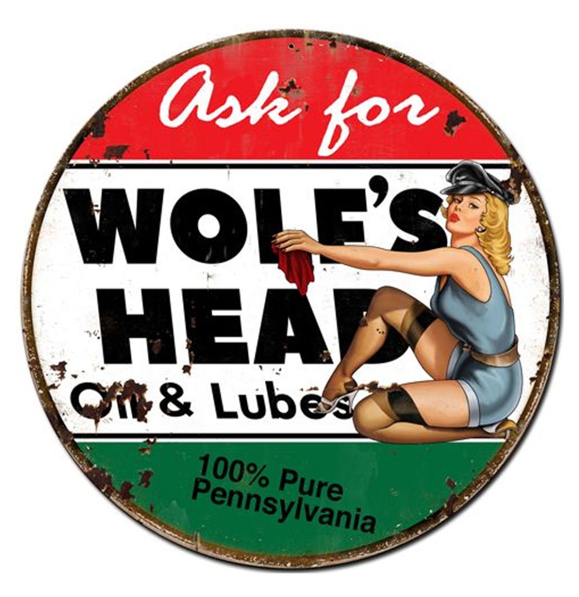 Ask For Wolf's Head Oil And Lubes Pin-Up Metalen Bord 76 cm | Fiftiesstore