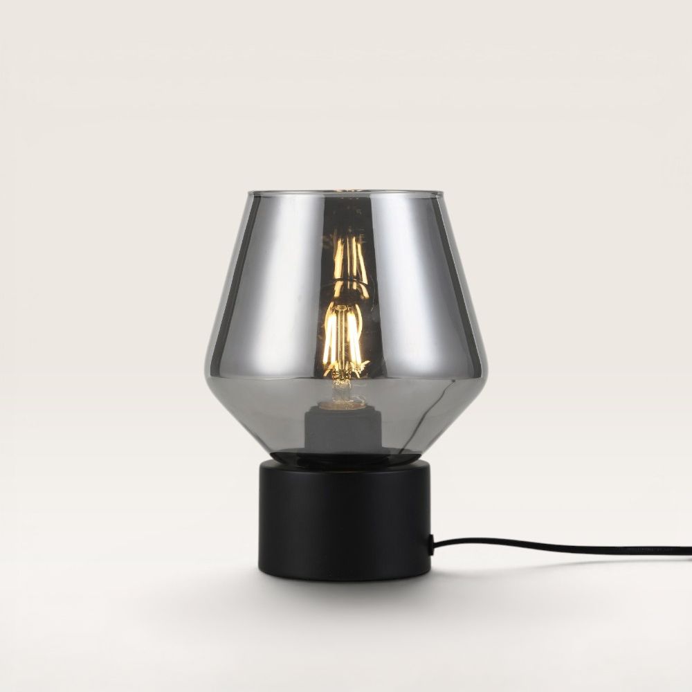Aureta - Zwarte Tafellamp Smoke glas 20 cm - Dressoir lamp - Tafellamp hotel Chique - Zwart Metaal - E27 fitting - Met aan/uit-schakelaar | LUSENZ