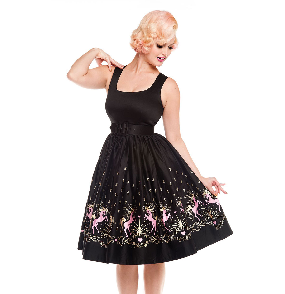 Aurora Dress Dancing Horses Black-M | 41% korting | Pinup Couture