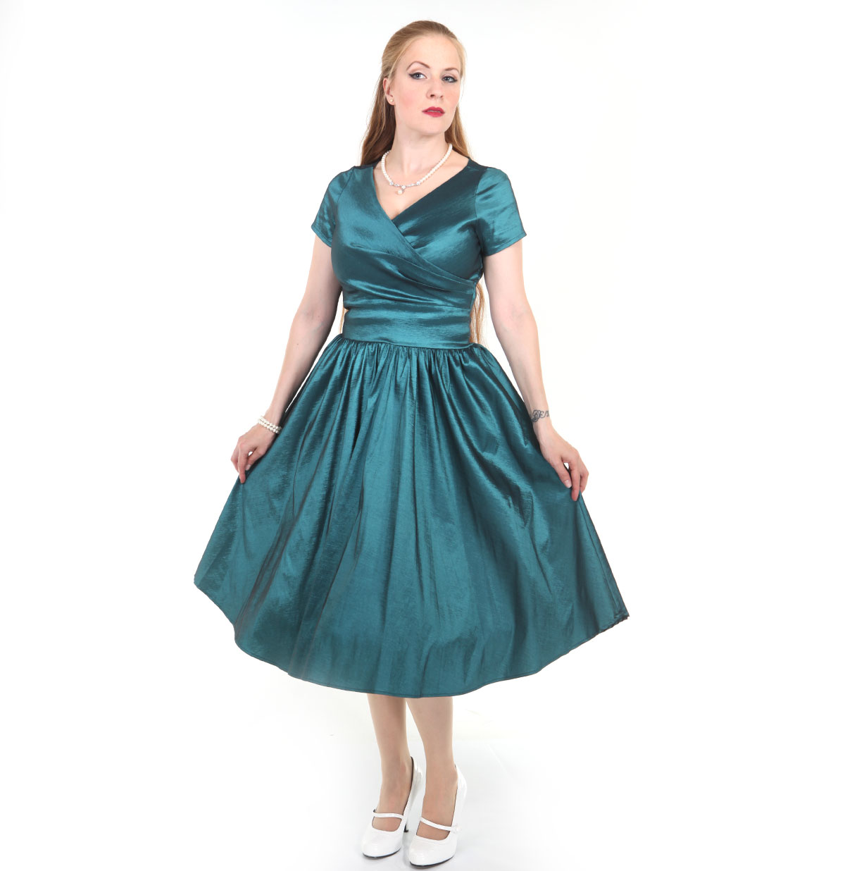 Ava Swingdress in Turquoise Stretch Tafetta-XS | 61% korting | Pinup Couture
