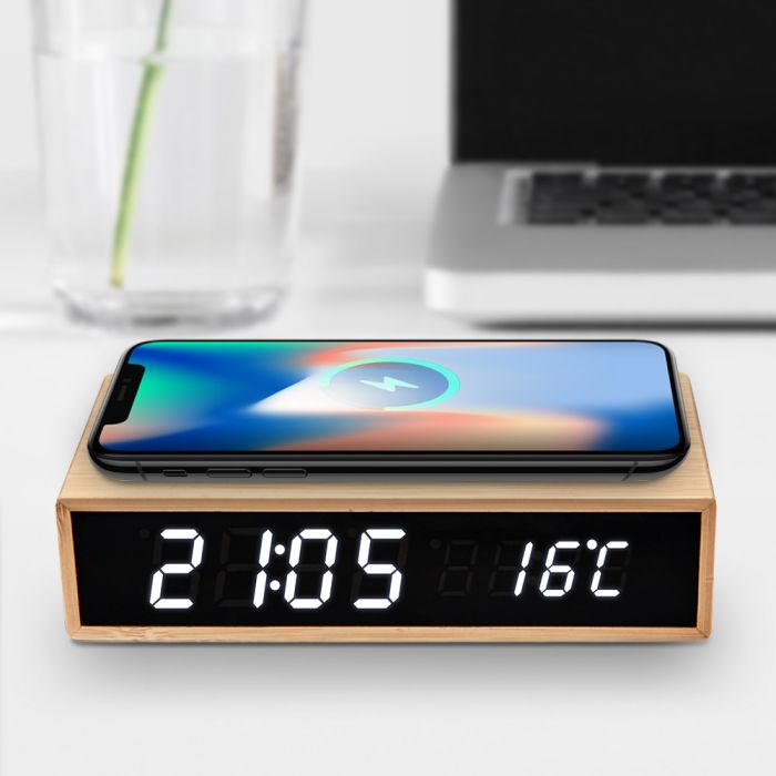 Bamboo Wireless Charger Clock - Alarmfunctie - Draadloze oplader | MikaMax