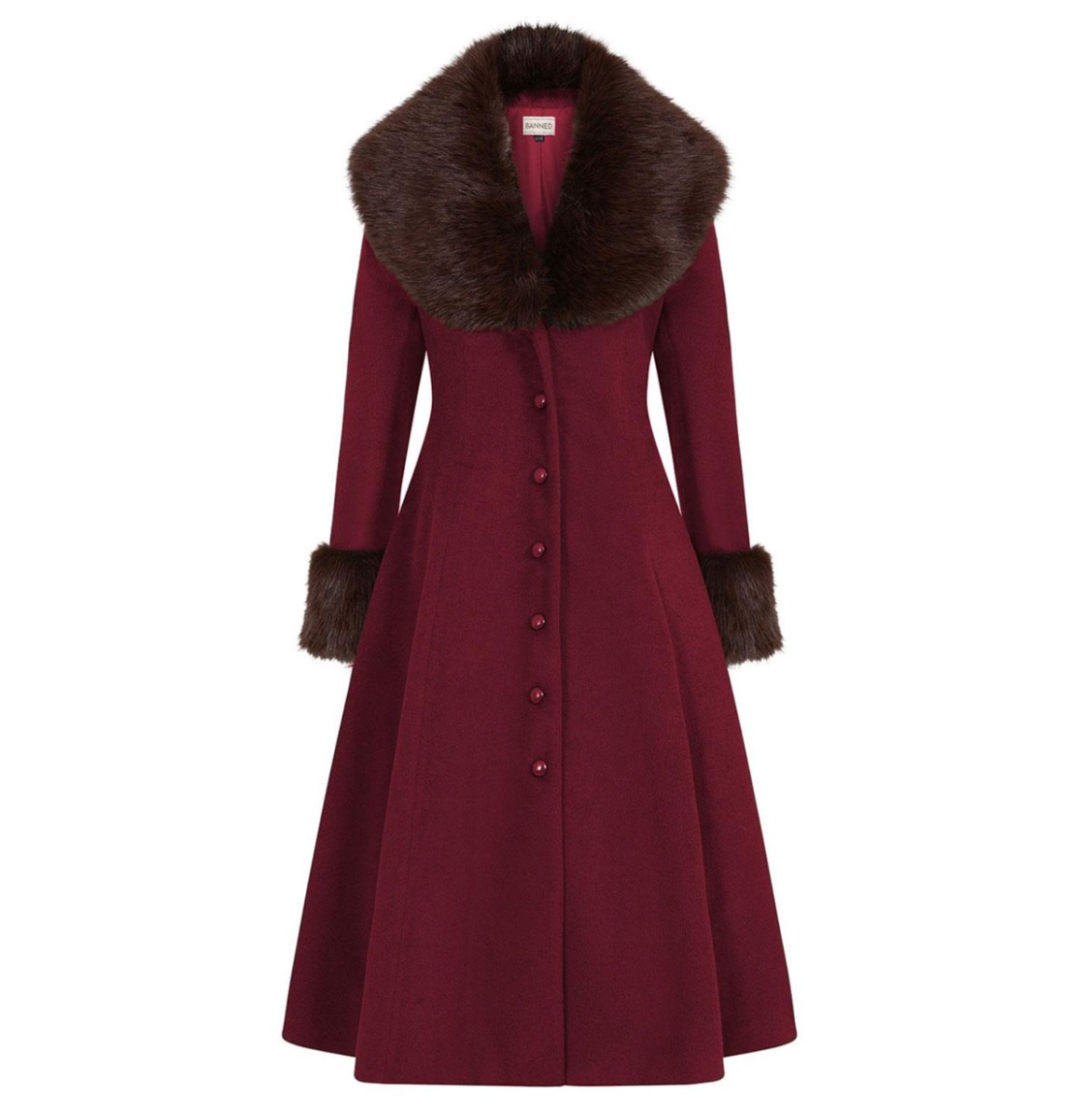 Banned Martha Faux Fur Coat Burgundy-M | 22% korting | Fiftiesstore