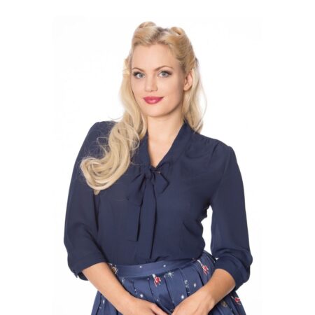 Banned Perfect Pussy Bow Blouse Midnight Blue-XL | Banned