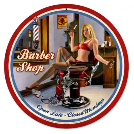Barber Shop Pin-Up Open Late Zwaar Metalen Bord - Greg Hildebrandt | Fiftiesstore