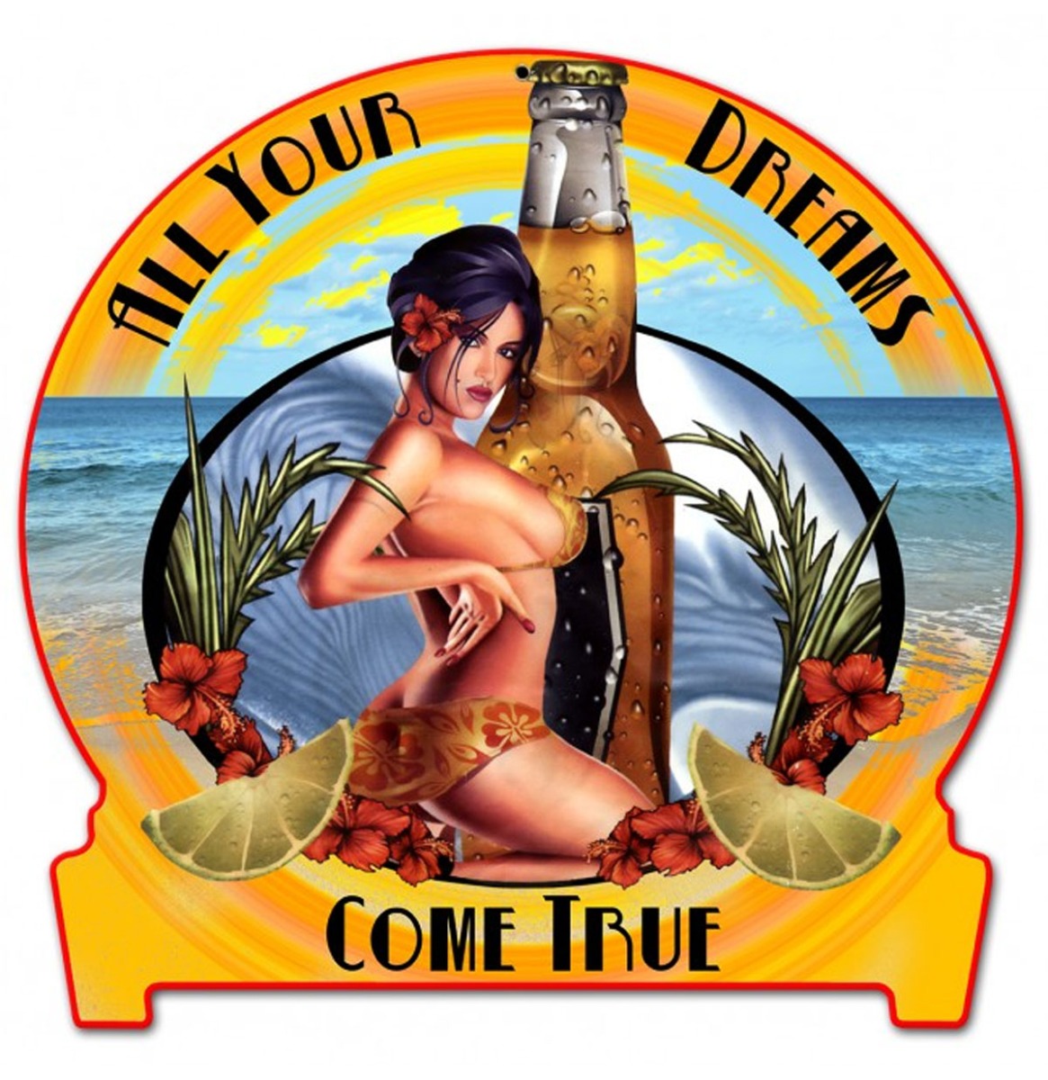 Beer Bottle Lime Girl Half Moon Pin-Up Zware Metalen Bord 40 x 40 cm | Fiftiesstore
