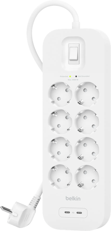 Belkin Surge Protection 8 Outlet 2 Meter Dual Usb C 30W PD Wit