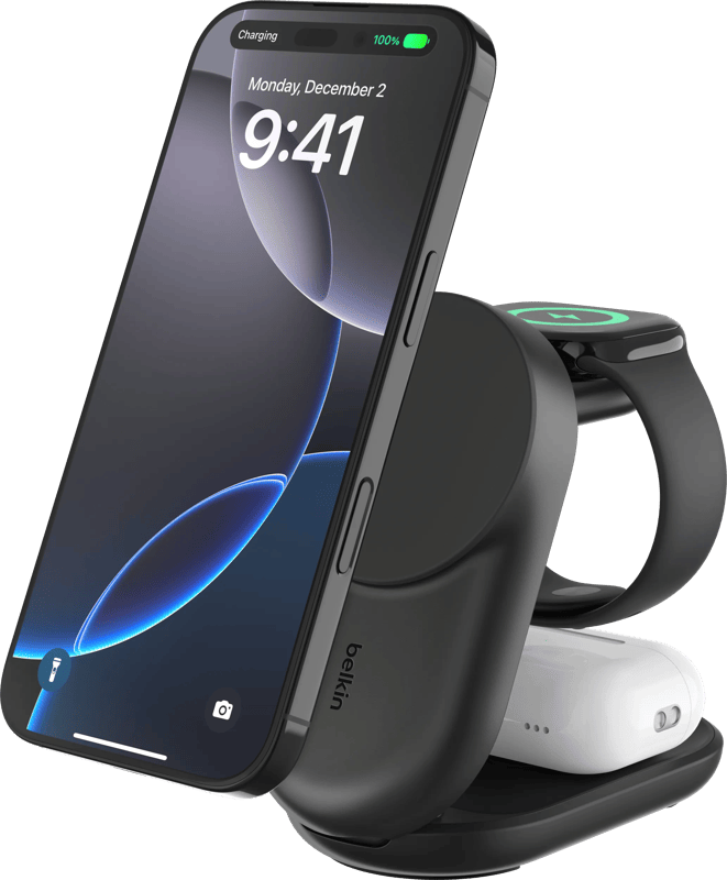 Belkin UltraCharge 3-in-1 MagSafe Draadloze Oplader met Standaard Qi2 25W Zwart