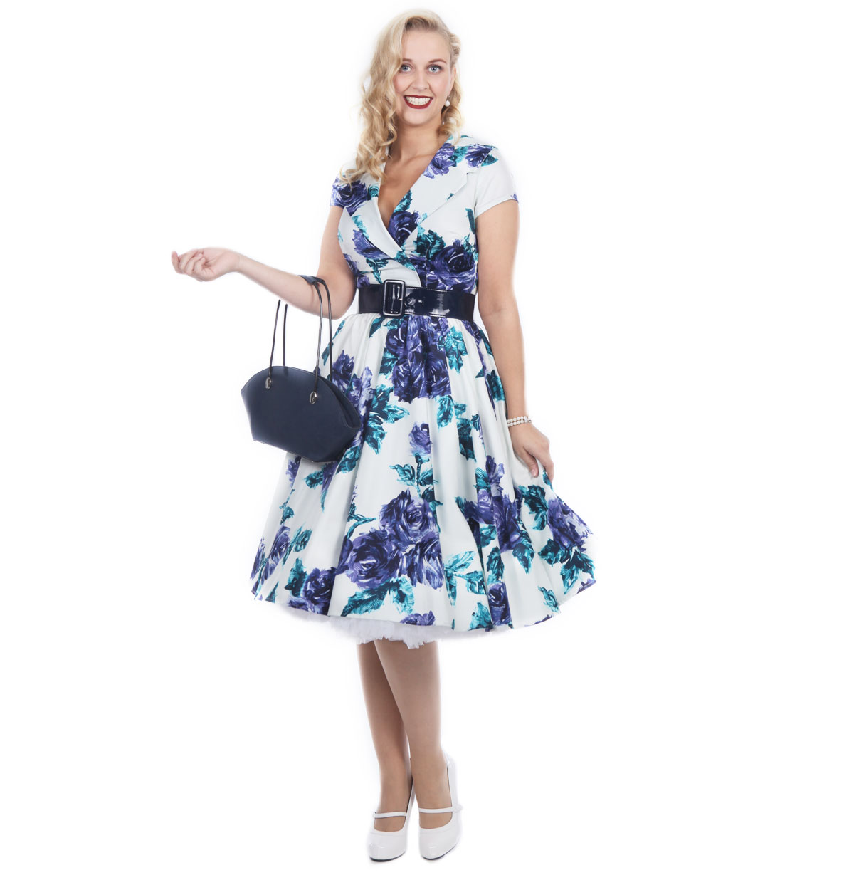 Birdie Dress Blue Roses-XS | 46% korting | Pinup Couture