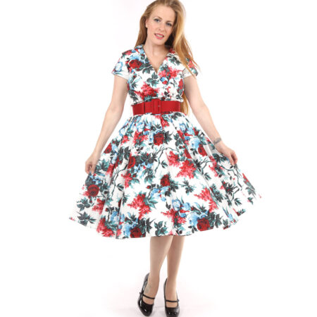 Birdie Dress White and Red Floral-XS | 50% korting | Pinup Couture