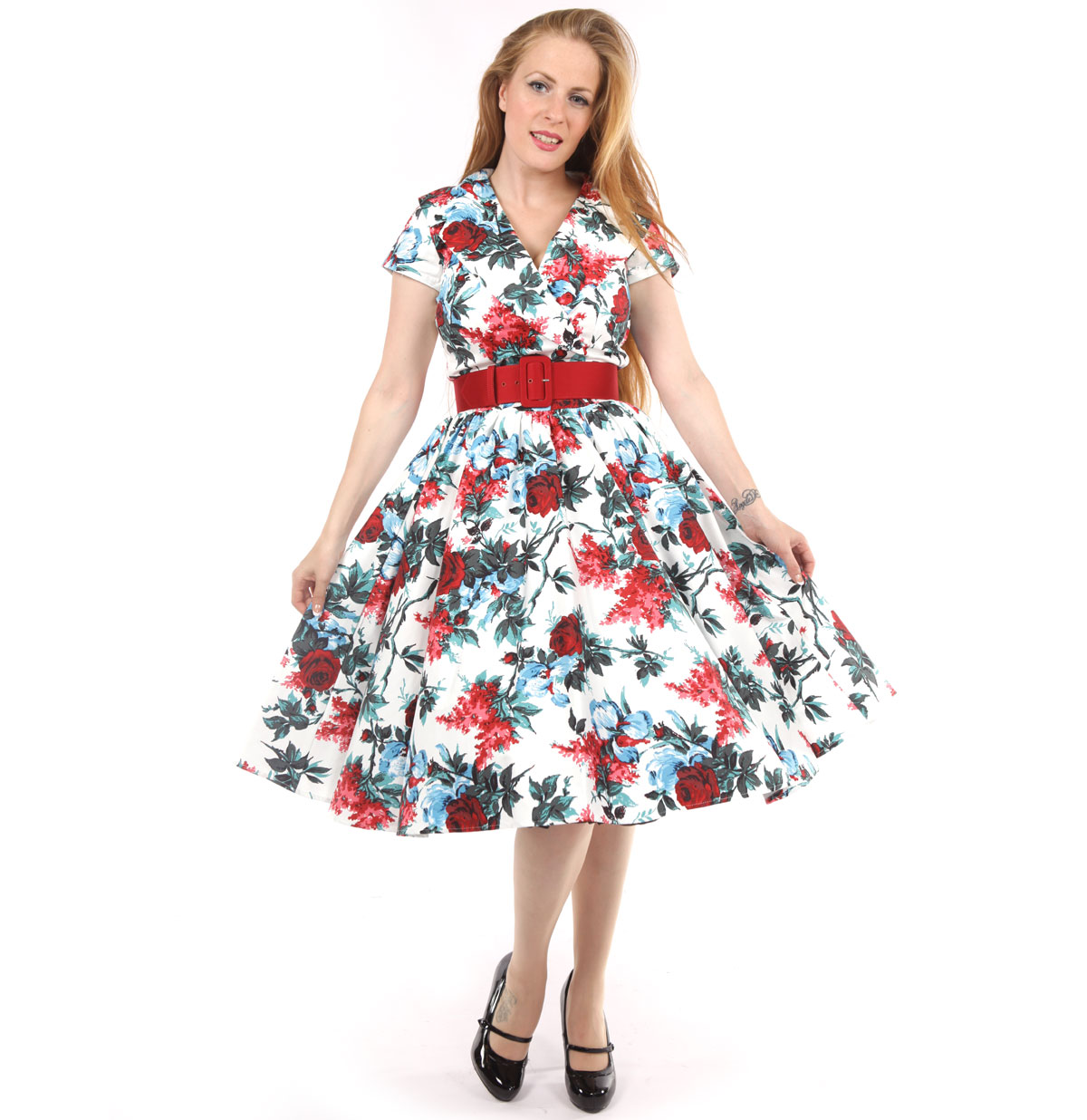 Birdie Dress White and Red Floral-XS | 50% korting | Pinup Couture