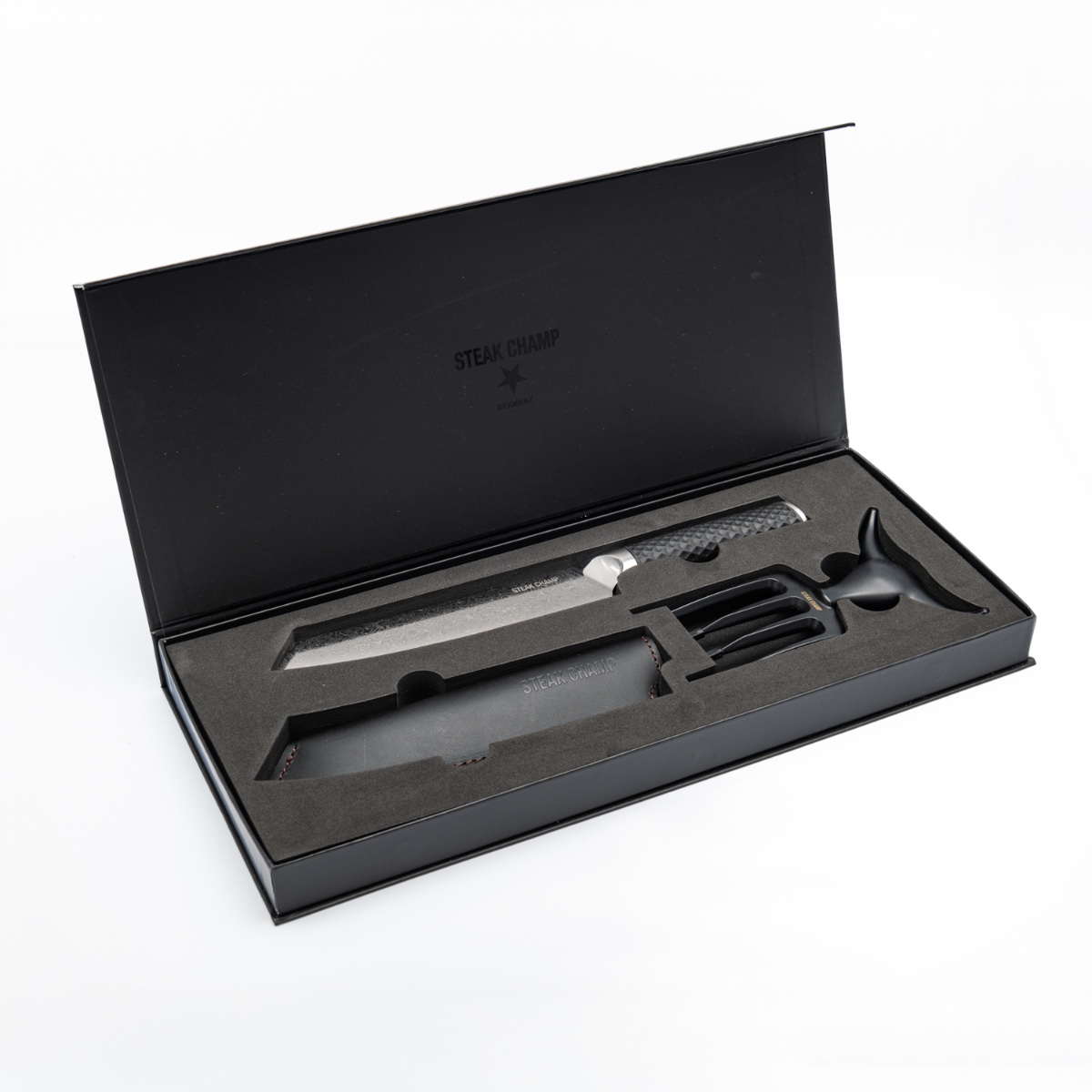 Black Pearls Gift Box - Luxe Damascus Mes & Vleesvork - BBQ Cadeau | Steak Champ
