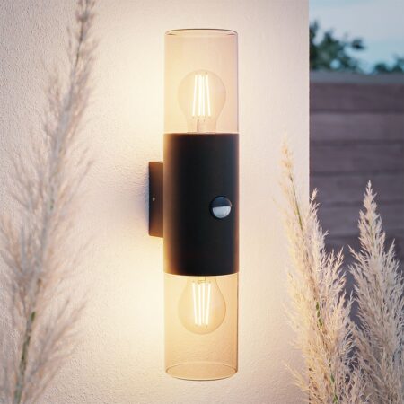 Blaze - LED Wandlamp - Incl. Schemerschakelaar & Bewegingssensor - Up & Down light - E27 Fitting - IP44 Waterdicht - Smokey glas | HOFTRONIC