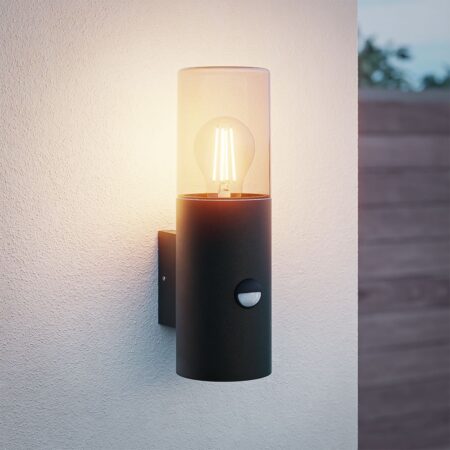 Blaze - LED Wandlamp - Incl. Schemerschakelaar & Bewegingssensor - Up light - E27 Fitting - IP44 Waterdicht - Smokey glas | HOFTRONIC