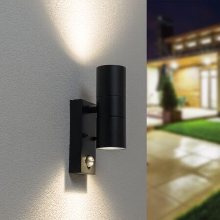 Blenda wandlamp - 4000K neutraal wit - Bewegingsmelder en schemerschakelaar - Zwart - IP44 spatwaterdicht - Up & Downlight voor buiten | HOFTRONIC