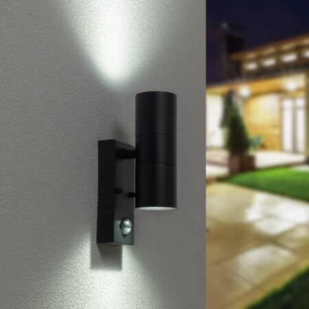 Blenda wandlamp - 6500K daglicht wit - Bewegingsmelder en schemerschakelaar - Zwart - IP44 spatwaterdicht - Up & Downlight voor buiten | HOFTRONIC