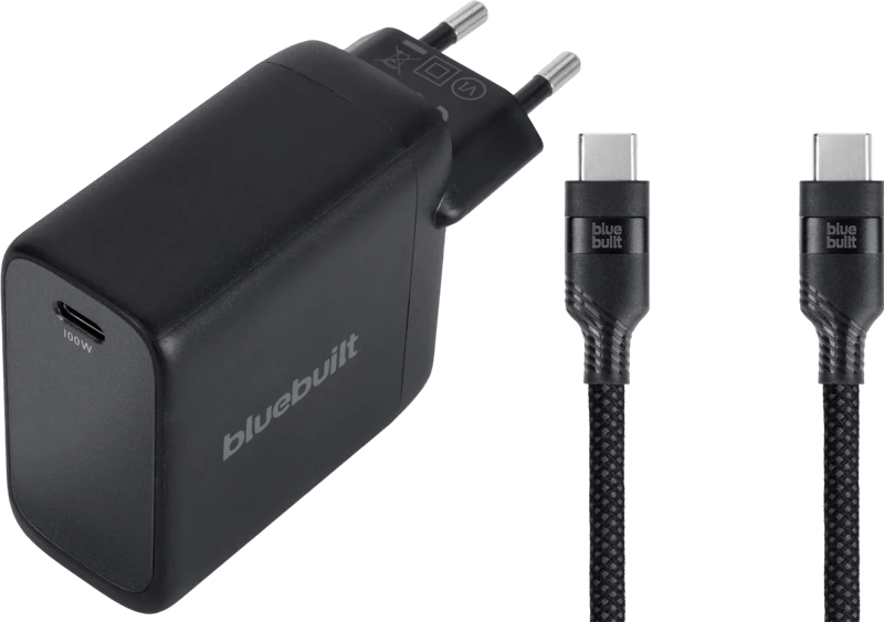 BlueBuilt 100W GaN Usb C Oplader Zwart + Usb C Kabel 240W 2m Nylon Zwart