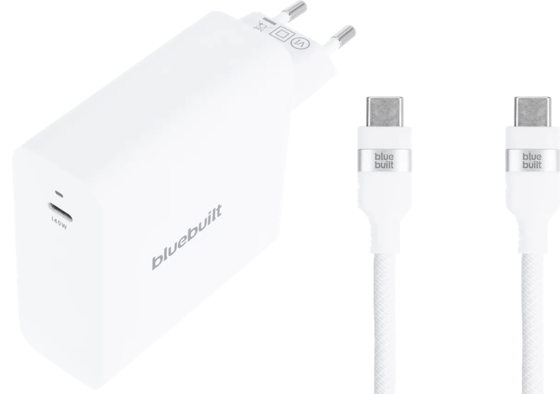 BlueBuilt 140W GaN Usb C Oplader Wit + Usb C Kabel 240W 2m Nylon Wit