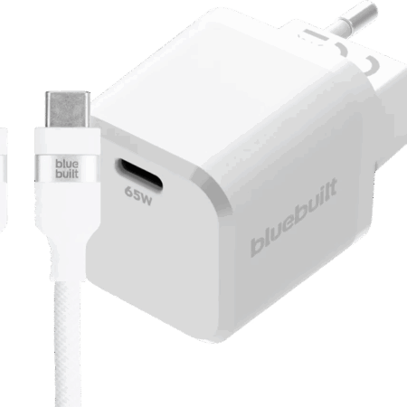 BlueBuilt 65W GaN Usb C Oplader Wit + Usb C Kabel 240W 2m Nylon Wit