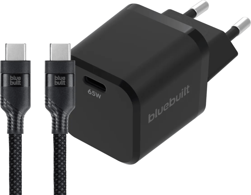 BlueBuilt 65W GaN Usb C Oplader Zwart + Usb C Kabel 240W 2m Nylon Zwart