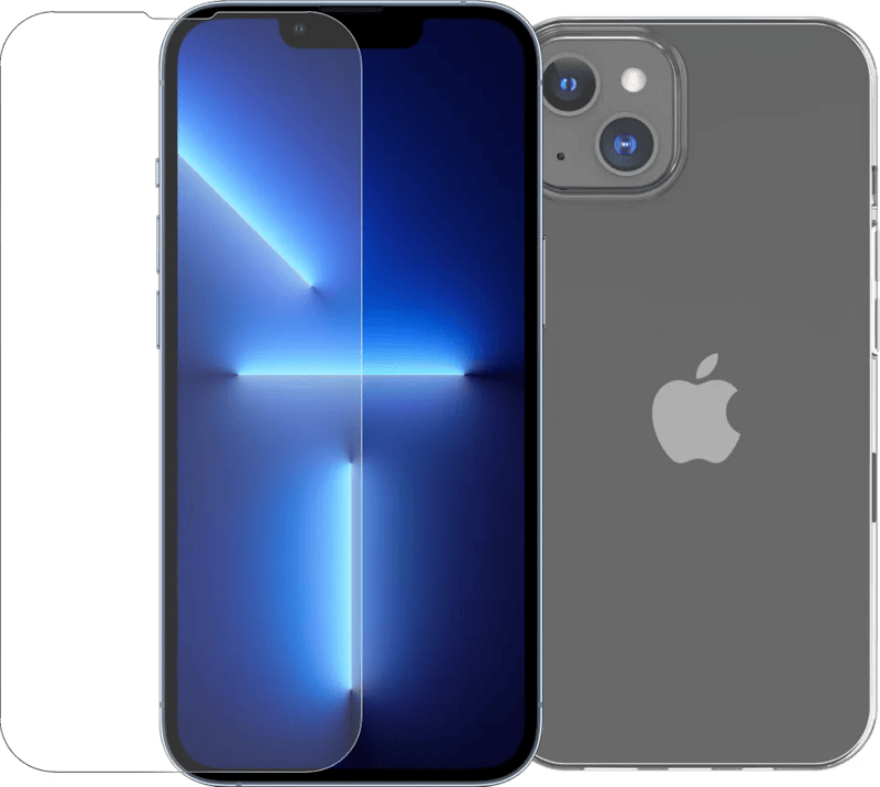 BlueBuilt Apple iPhone 14 Screenprotector Glas + BlueBuilt Soft Case Back Cover