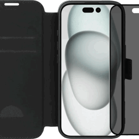 BlueBuilt Apple iPhone 16 Book Case Leer Zwart + Privacy Filter Screenprotector Glas