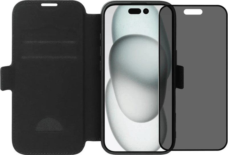 BlueBuilt Apple iPhone 16 Book Case Leer Zwart + Privacy Filter Screenprotector Glas