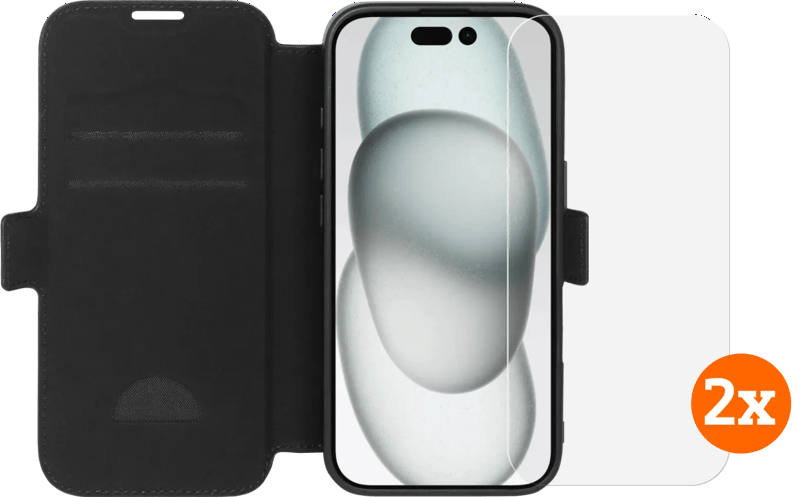 BlueBuilt Apple iPhone 16 Book Case Leer Zwart + Screenprotector Glas Duo Pack