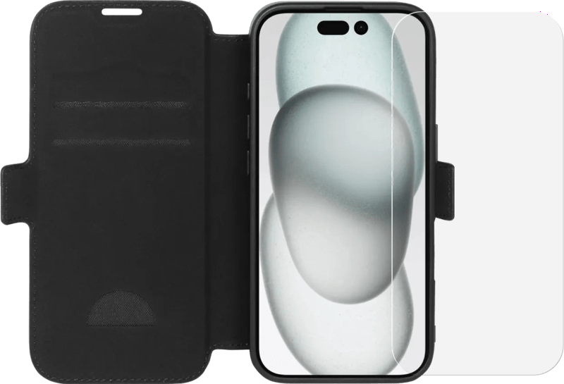 BlueBuilt Apple iPhone 16 Book Case Leer Zwart + Screenprotector Glas
