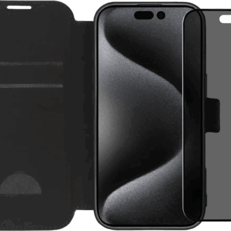 BlueBuilt Apple iPhone 16 Pro Book Case Leer Zwart + Privacy Filter Screenprotector Glas