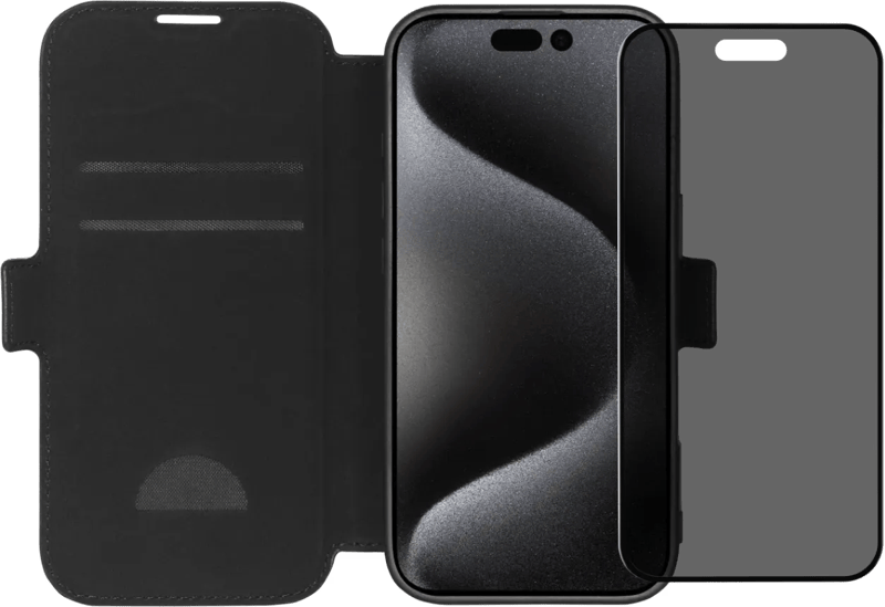 BlueBuilt Apple iPhone 16 Pro Book Case Leer Zwart + Privacy Filter Screenprotector Glas