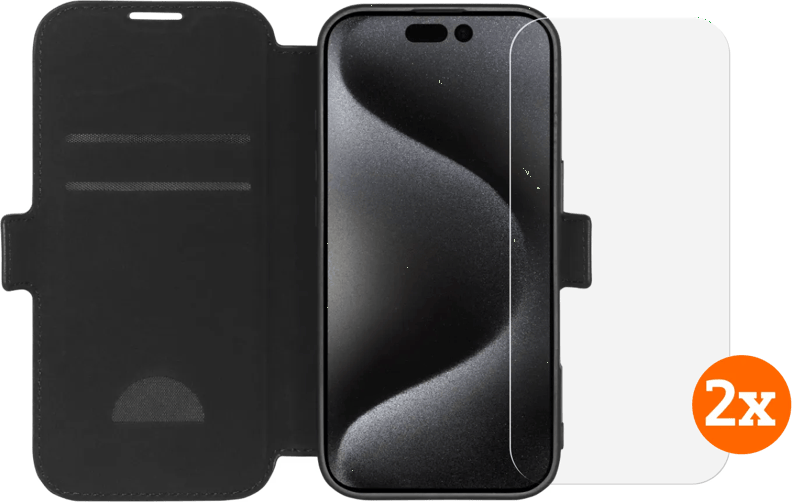 BlueBuilt Apple iPhone 16 Pro Book Case Leer Zwart + Screenprotector Glas Duo Pack