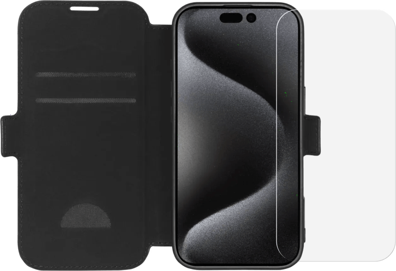 BlueBuilt Apple iPhone 16 Pro Book Case Leer Zwart + Screenprotector Glas