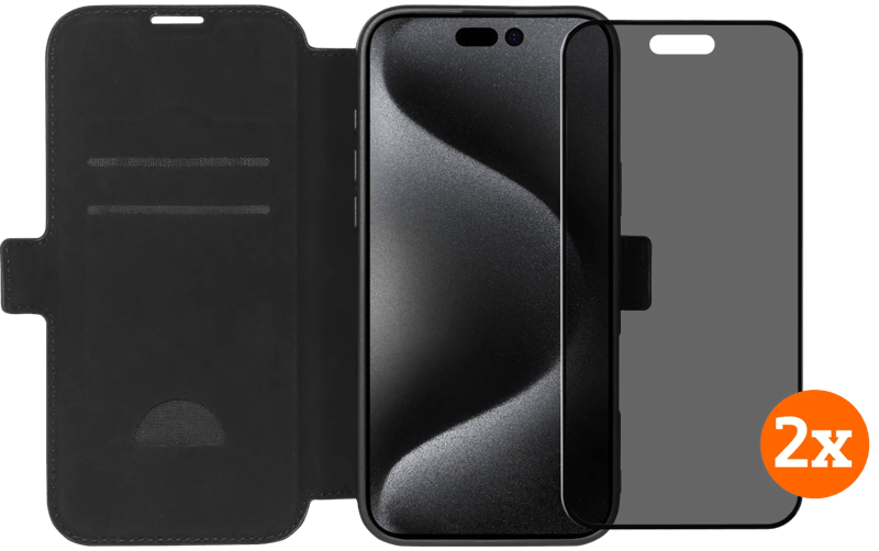 BlueBuilt Apple iPhone 16 Pro Max Book Case Leer Zwart + Privacy Screenprotector Duo Pack