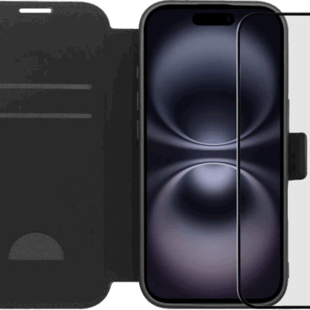 BlueBuilt Apple iPhone 17 Book Case Leer Zwart + BlueBuilt iPhone 17 Screenprotector Glas