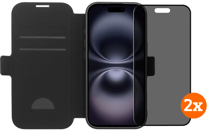BlueBuilt Apple iPhone 17 Book Case Leer Zwart + Privacy Filter Screenprotector Duo Pack
