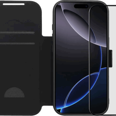BlueBuilt Apple iPhone 17 Pro Book Case Leer Zwart + BlueBuilt iPhone 17 Pro Screenprotector Glas