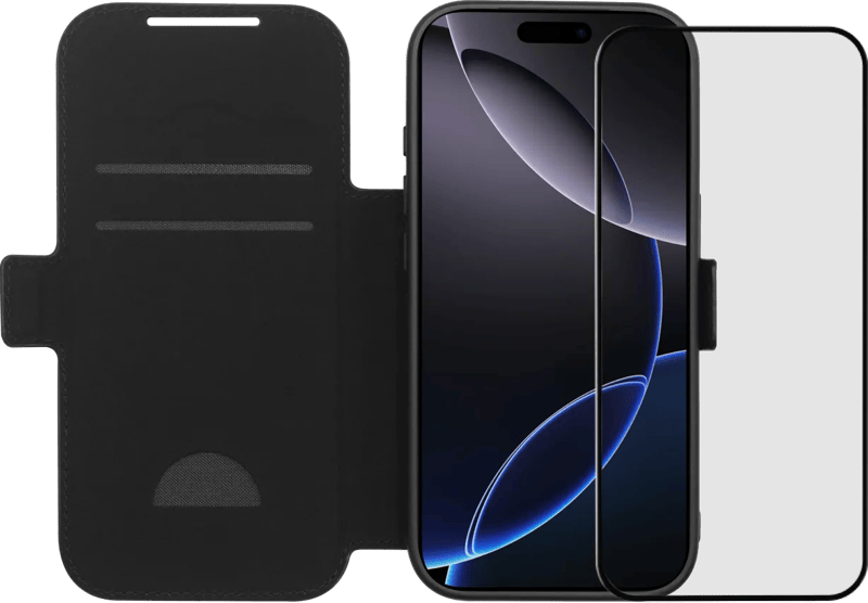 BlueBuilt Apple iPhone 17 Pro Book Case Leer Zwart + BlueBuilt iPhone 17 Pro Screenprotector Glas