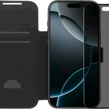 BlueBuilt Apple iPhone 17 Pro Max Book Case Leer Zwart + BlueBuilt iPhone 17 Pro Max Privacy Screenprotector Glas