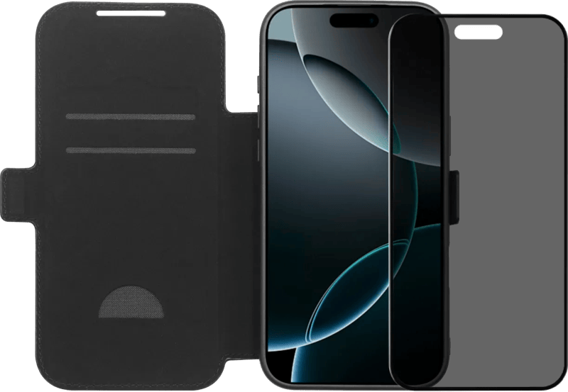 BlueBuilt Apple iPhone 17 Pro Max Book Case Leer Zwart + BlueBuilt iPhone 17 Pro Max Privacy Screenprotector Glas