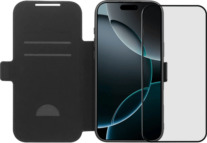 BlueBuilt Apple iPhone 17 Pro Max Book Case Leer Zwart + BlueBuilt iPhone 17 Pro Max Screenprotector Glas