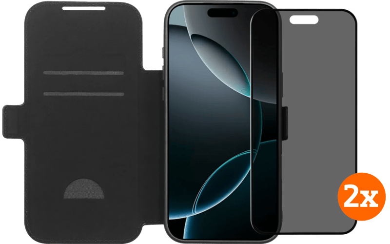 BlueBuilt Apple iPhone 17 Pro Max Book Case Leer Zwart + Privacy Screenprotector Duo Pack