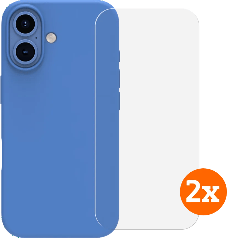 BlueBuilt Back Cover iPhone 16 Blauw + Screenprotector Glas Duo Pack