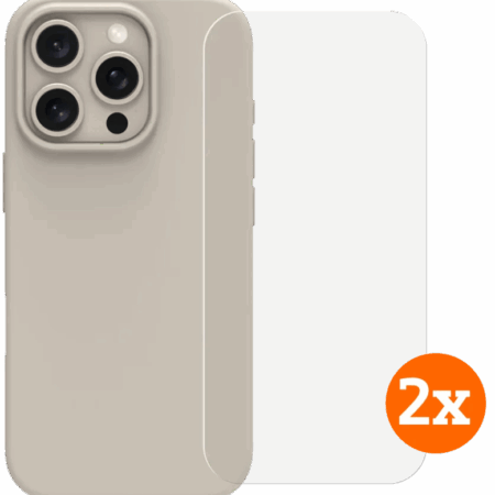 BlueBuilt Back Cover iPhone 16 Pro Beige + Screenprotector Glas Duo Pack