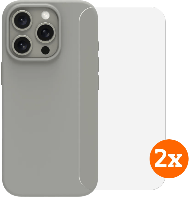 BlueBuilt Back Cover iPhone 16 Pro Grijs + Screenprotector Glas Duo Pack
