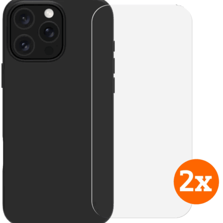 BlueBuilt Back Cover iPhone 16 Pro Zwart + Screenprotector Glas Duo Pack