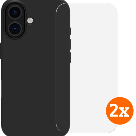 BlueBuilt Back Cover iPhone 16 Zwart + Screenprotector Glas Duo Pack