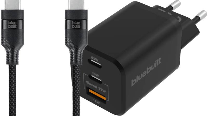 BlueBuilt Power Delivery Oplader 2 Usb C Poorten 65W + Usb C Kabel 1